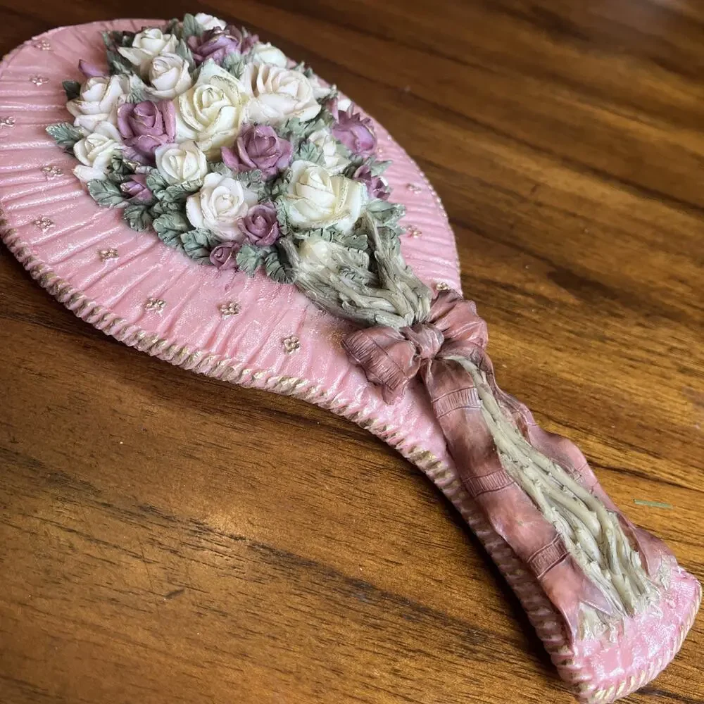 Ornate Pink Floral Handheld Vanity Mirror W/ Roses & Bow, Cottage Glam Whimsy